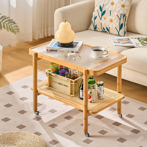 Mesa auxiliar de cristal de estilo japonés con estante de ratán, mesa pequeña de madera maciza para sofá, sala de estar, balcón, almacenamiento - Product Image 4