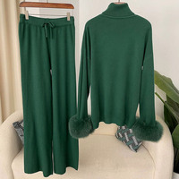 2025 hiver tricot ensemble doux chaud détachable vraie fourrure de renard tricot pull longue droite large jambe pantalon femmes tricoté tenue ensemble