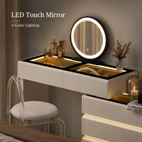 Ensemble de coiffeuse moderne blanc crème avec miroir LED et éclairage réglable trois couleurs, meuble de rangement pour chambre et salle de bain