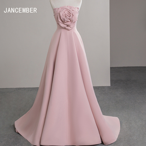 Robe de soirée formelle de haute qualité en satin rose princesse à fleurs 3D, sans manches, épaules dénudées, Sfy60 - Product Image 1