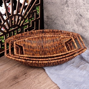 Plastic Imitation Rattan Woven <b>Basket</b> Rectangle With Handles For Fruit Snack <b>Bread</b> Vegetable Display - Product Image 1