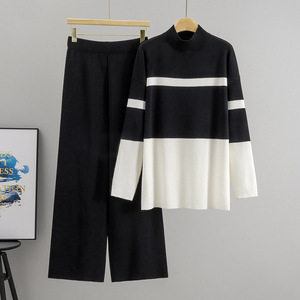 Abito europeo da <span class=keywords><strong>donna</strong></span> autunno inverno sportivo a righe alla moda Casual ampio a due pezzi Set Cross-Border <span class=keywords><strong>pantaloni</strong></span> a gamba larga modello solido - Product Image 4