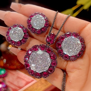 Fashion Eco-friendly Copper Colorful Gemstone Flower Jewelry <b>Set</b> 18-16mm Cubic Zirconia Pendant <b>Earring</b> Ring <b>Set</b> for Ladies - Product Image 3