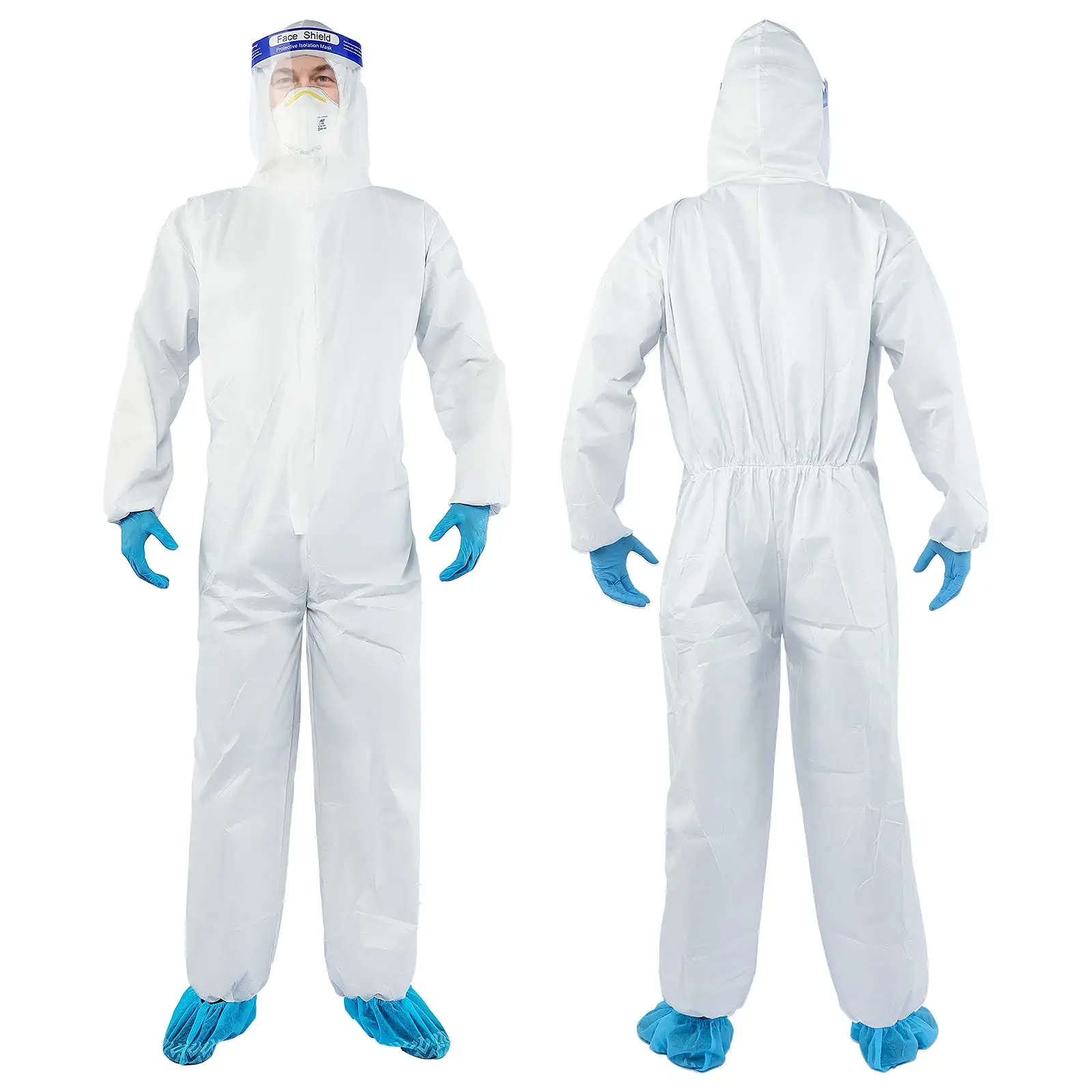 Çin'de yapılan tulum Type56 beyaz renk su geçirmez tek kullanımlık SF koruyucu kıyafet mikro gözenekli Hazmat Suit PPE 55 60gsm