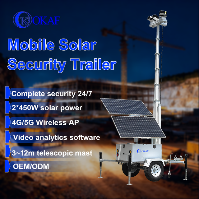 Off-Grid Solar-Powered Mobile Surveillance System 12m Telescopic Mast Solar CCTV Security Trailer for Construction Site
