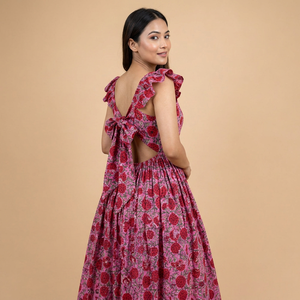 Vestido Maxi de Algodón con Estampado Floral Hecho a Mano, Cuello Cuadrado y Espalda Descubierta, Lavable, Estilo A-Line, para Vacaciones de Verano - Product Image 1