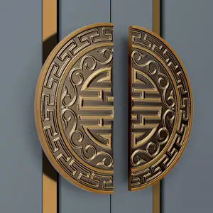 Mô hình chạm khắc bán tròn lối vào cửa xử lý biệt thự cửa trượt Hợp kim nhôm Bronzed kính và cửa gỗ xử lý - Product Image 1