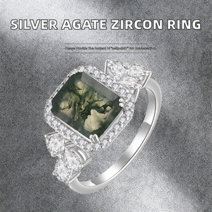 Anillo de Boda Personalizado al por Mayor, Chapado en Oro, Plata 925, Lujoso, Corte Cuadrado, Ágata de Hierba Acuática, Circonita, para Mujer, Pareja - Product Image 2