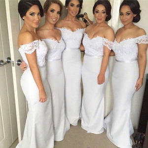 Abito da sera con cuciture in pizzo bianco classico da donna europeo americano per matrimoni primavera estate <span class=keywords><strong>damigella</strong></span> d'onore con coda lunga - Product Image 1