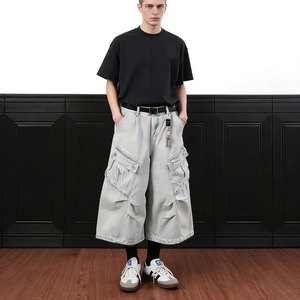 <span class=keywords><strong>Pantaloncini</strong></span> Cargo da Uomo Oversize in Denim Lavaggio Chiaro, Gamba Larga, Lunghezza al Polpaccio, con Multitasche, Stile Streetwear - Vendita all'Ingrosso - Product Image 2