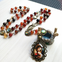 Vente en gros de pendentifs en verre vintage argenté, cabochon, Vierge Marie, chapelet, perles d'agate, pour femmes, prière, église catholique, cadeau européen