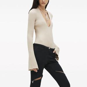 <strong>2026</strong> Manufacturer Women Cotton Flare Sleeve Bodysuit Outfit V-neck Ribbed Knitted One Piece Tight Bodysuit for Women - Product Image 3
