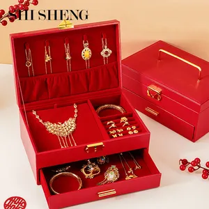 Shi Sheng Geweldig Pu Lederen Rode Bruiloft Sieraden Doos Voor Oorbel Hanger Armband Parel Ketting Opslag Cadeau Houder