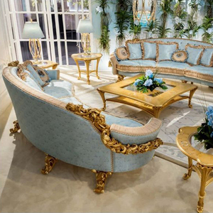 <span class=keywords><strong>Sofa</strong></span> Tunggal Gaya Barok Kerajaan dengan Bingkai Kayu Berlapis Emas, Pelapis Beludru Biru Langit dan Jacquard Beige untuk Dekorasi Vila Mewah - Product Image 4