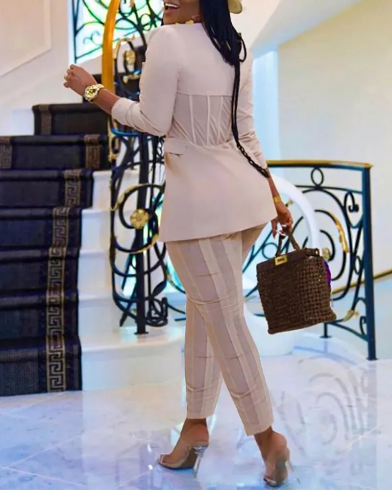 Women Chic Elegant Houndstooth Long Sleeve Waistband Ankle-length Pants Spring Working Sets Two Piece Suit Office