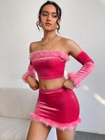 Conjunto de Falda y Top Corto con Ribete Peludo de Alta Calidad, Nuevo, Top de Moda, Rosa Fuerte, Sin Tirantes, Sexy, de Terciopelo, Conjunto de Dos Piezas para Mujer