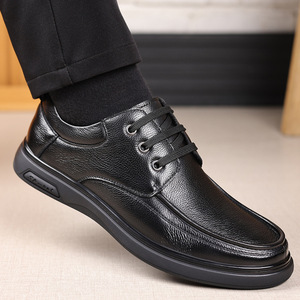 Zapatos casuales de cuero para hombre, con punta redonda, tacón bajo, antideslizantes, con cordones, para oficina, de primera capa de piel de vaca, estilo papá. - Product Image 2