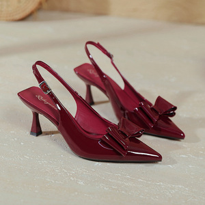 Haut Talons Trendy Wine <b>Red</b> Color Sexy Slingbacks Fancy Bow <b>Heels</b> for Ladies - Product Image 3