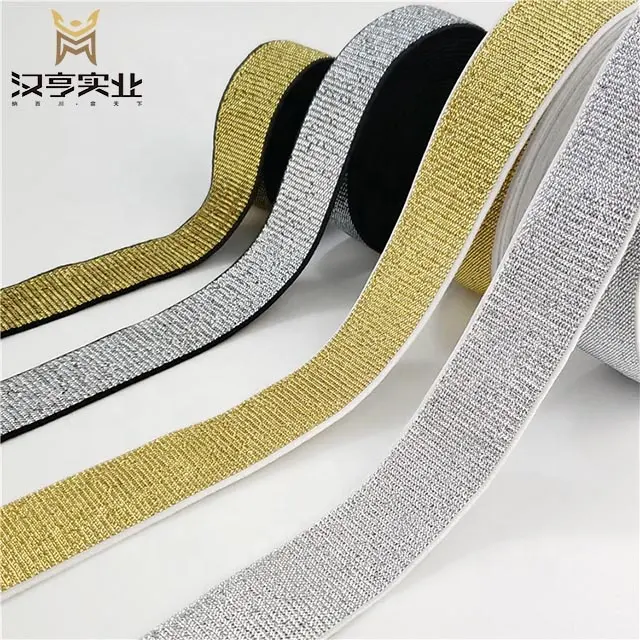 Großhandel Mode Nylon 1-4CM glänzend Gold Silber Garn stark elastisch bling Gummiband Yard-Dye Gurtband für Sport bekleidung