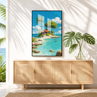 Art mural moderne en porcelaine cristalline 30x40cm, peinture de paysage tropical avec cadre en aluminium noir pour la décoration de la maison
