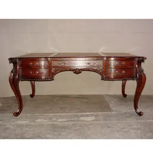<b>Desk</b> Table With 9 <b>Drawers</b> Top Leather Furniture Mahogany Wood Antique Reproduction Furniture NC Finish - Product Image 1