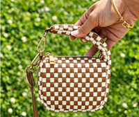 Tas Selempang Kulit PU Motif Kotak-kotak Trendy, Tas Lipstik Mini Anyaman Willow, Dompet Gantungan Kunci Portabel, Tas Clutch Retro