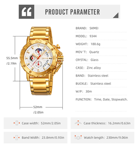 Skmei 9344 Luxe Charme Rvs Band Legering Quartz Analoog Horloge 3bar Waterbestendig Zakelijk Stijl Horloge - Product Image 6