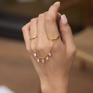 Anillo Doble Abierto con Borla de Cadena Única y Zirconia en Forma de Lágrima, Chapado en Oro de 18K sobre Acero Inoxidable, de J&D Jewelry para Mujer - Product Image 2