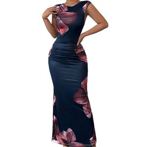 Vestidos Elegantes de Tela Ligera de Lujo para Mujer, Personalizados al por Mayor, OEM, Estampados, sin Mangas, con Flores en la Cadera - Product Image 3