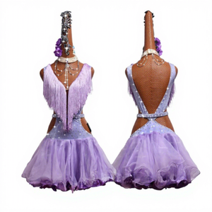 Vestido de Competición de Baile Latino para Mujer Adulta 2026, Estilo con Borlas, Falda Plisada con Flecos en Morado Claro - Product Image 1