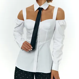 Pakaian wanita bahu terbuka korset kerah Halter blus perempuan musim gugur seksi putih lengan panjang blus atasan wanita