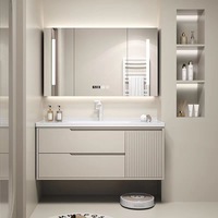 Meuble de salle de bain moderne en bois massif avec double vasque, miroir LED, égouttoir en acier inoxydable, résistant à l'eau, pour appartement, ferme