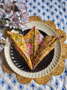 Indian Handmade Beautiful Floral Printed Lightweight Durable Elegant Machine Washable Cotton Cloth Napkins Mustard Yellow Mix - Product Image 4