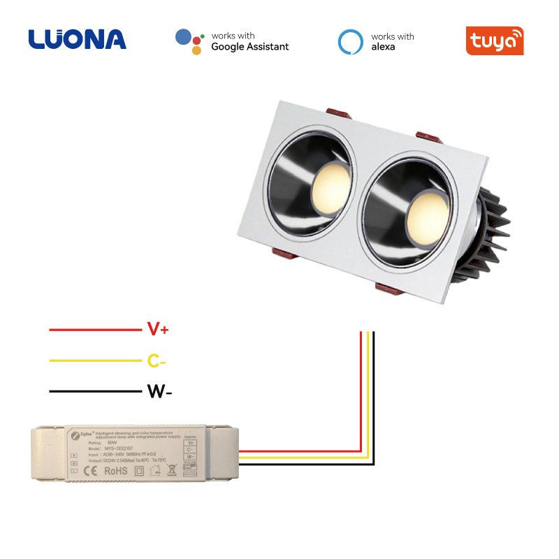 Anti-Glare ZigBee Smart Double Downlight, Flicker-Free LED Ceiling Lamp ZigBee Smart LED Downlight CCT 3000K-6000K