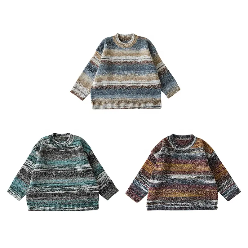 Grosir musim gugur desain baru anak-anak laki-laki Sweater rajutan kustom warna-warni kualitas tinggi bayi laki-laki Pullover Top bergaris Sweater