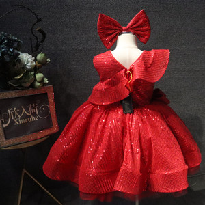 Abito Formale da <span class=keywords><strong>Principessa</strong></span> per Bambine, Rosso Brillante, Lunghezza al Ginocchio, con Paillettes Scintillanti e Dettagli in Perline, 100% Cotone, per Matrimoni e Compleanni - Product Image 6