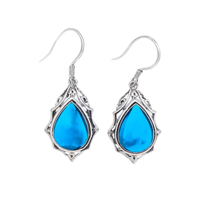 Orecchini Pendenti a Goccia da Donna E2395 in Lega d'Argento Tibetano Placcato Argento con Turchese Incassato a Castone, Gioielli alla Moda per Feste - Product Image 1