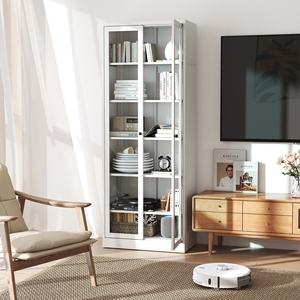 <b>White</b> 2-Door Glass Display Cabinet, Tall Metal <b>Bookcase</b> with Adjustable Shelves for Home, Living Room, Study Room Storage - Product Image 1