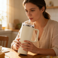 Gobelet isotherme personnalisé en acier inoxydable de 40 oz avec revêtement poudré et couvercle à paille anti-fuite pour les services hospitaliers