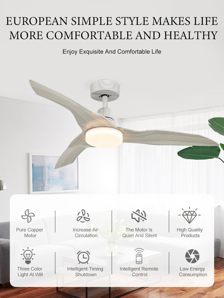 China made high performance white wood grain interior decoration air cooled ceiling fan lamp
