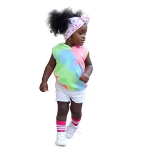 2022 2 Pcs Short Sleeve Boys Girls Hooded Sports clothes Tie Dye Kids Clothing Sets for Children