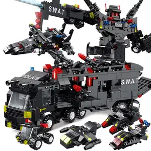 8 IN 3 City Police Deformation Robot Car Toys Building Blocks Mobile Command Truck Car City Swat Police Building Blocks For Kids