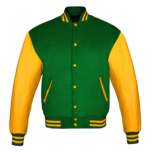 Unisex Green and <b>Yellow</b> Color Block Varsity Jacket <b>Wool</b> Body Crew Neck Zipper Windproof Waterproof Eco-Friendly Winter Coat - Product Image 1