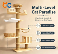 Arbre à chat classique en laine du sol au plafond avec lit intégré, griffoir et jouet, tour à chat durable en sisal sans formaldéhyde
