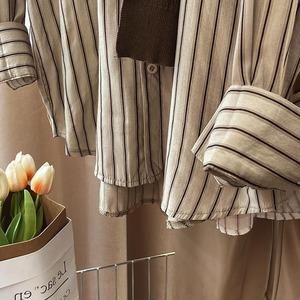 Conjunto de Dos Piezas de Camisa y Chal de Estilo Francés para Mujer, Manga Larga, Primavera y Otoño, Camisa Holgada a Rayas con Botones - Product Image 6
