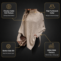 Poncho de punto grueso con cuello alto para mujer, suéter tipo capa con mangas murciélago, chal envolvente con botones laterales, jersey de punto al por mayor OEM