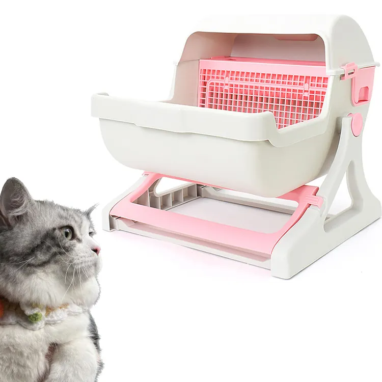 Caja de arena para gatos plegable semiautomática reversible fácil de montar caja de arena grande de limpieza cuadrada extraíble grande para gatos