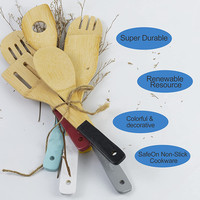 6 pièces ustensiles de cuisine en bambou colorés ensemble de gadgets de cuisine avec spatules et cuillères y compris louche dans la conception de la boîte