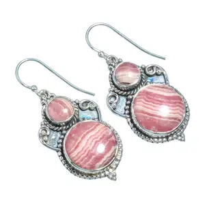 925 스털링 실버 매달려 귀걸이 Rhodochrosite 천연 보석 실버 귀걸이 핑크 스톤 판매 실버 Boho 드롭 귀걸이