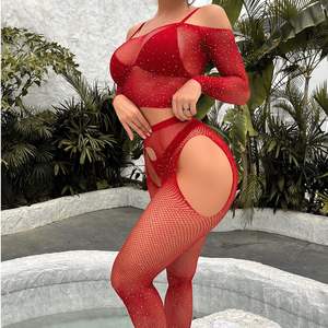 女性用ラインストーンセクシーフィッシュネットトップ & タイツセットシィスルーランジェリー光沢のあるメッシュセクシー下着 - Product Image 3